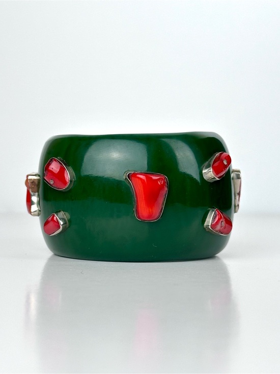 Jewelry - Massive Green Resin & Red Coral Sterling Silver Statement Cuff Bracelet
